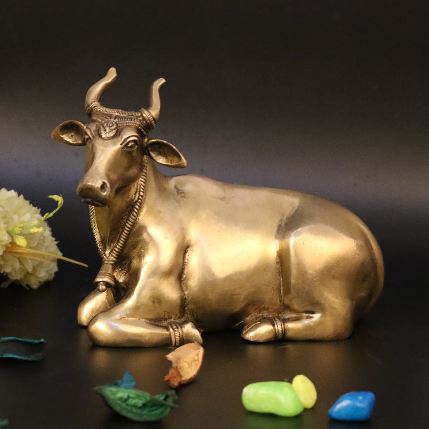 Brass Sitting Nandi Cow Statue Shiva Bull Idol 7.5” Pooja Home Temple Decor Gift