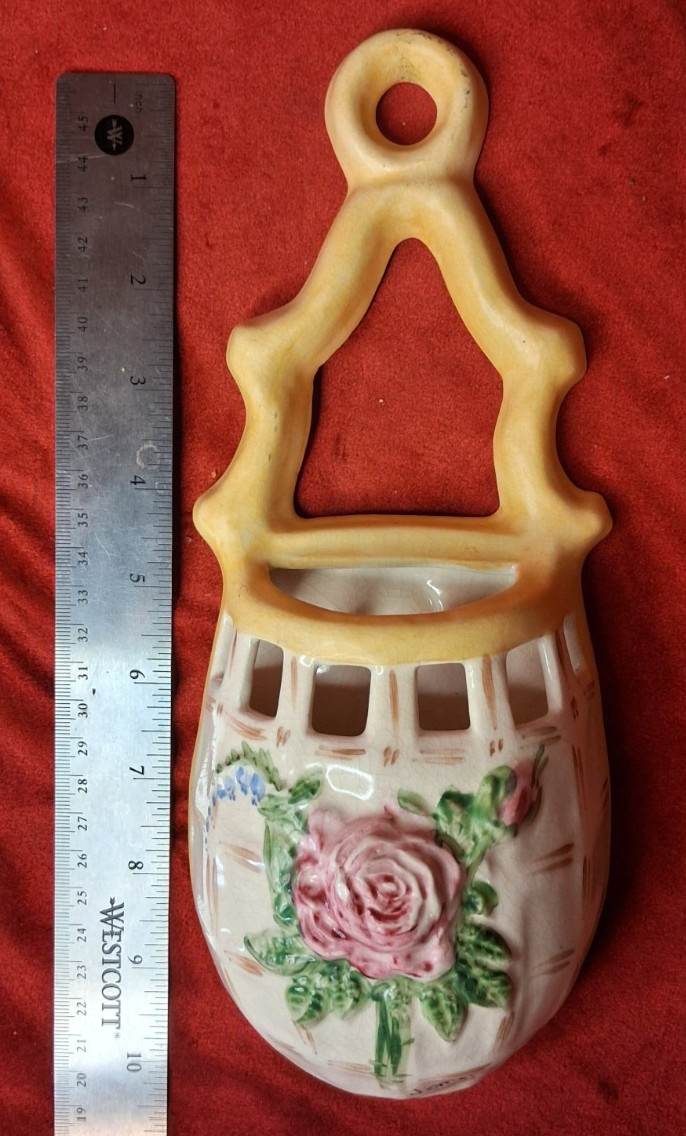 Vintage Studio Pottery Wall Pocket Planter Pink Rose Basketweave Signed Jomal