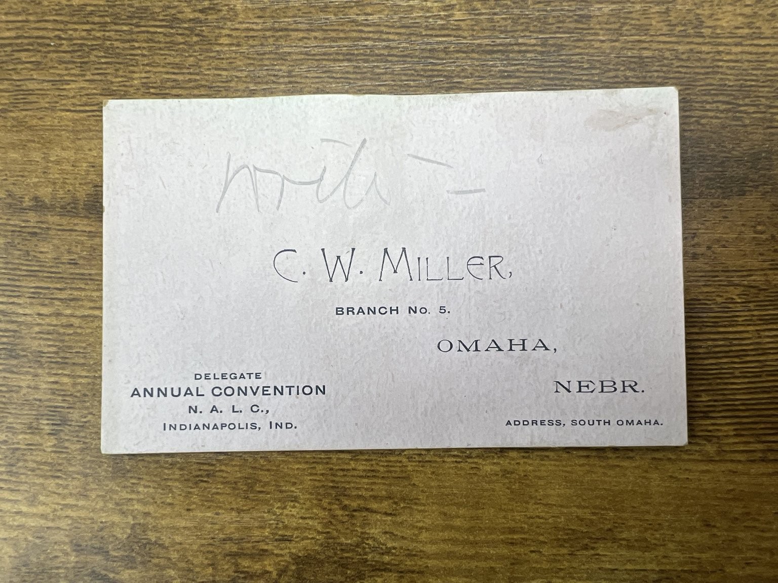 1892 C.W. Miller Omaha Nebraska NALC Delegate Card Annual Convention Ephemera