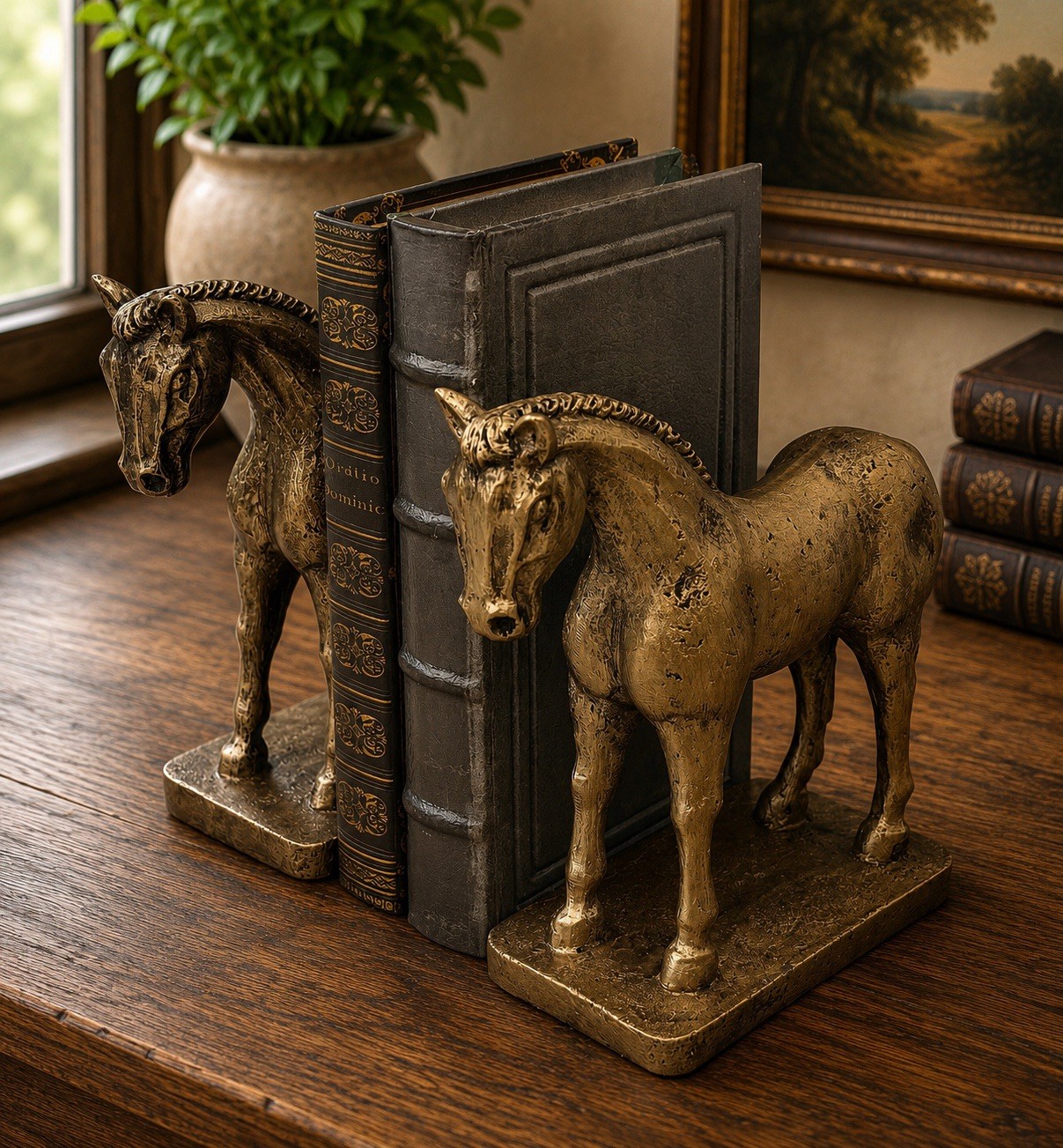 Pair Of Antique Gold Horse Bookends Vintage Style Horse Statue Figurines Shelf 