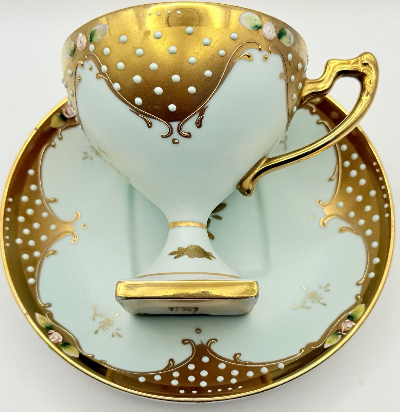 Vintage Turquoise Gold Square Pedestal Enamel Beaded Cabinet Cup & Saucer Roses