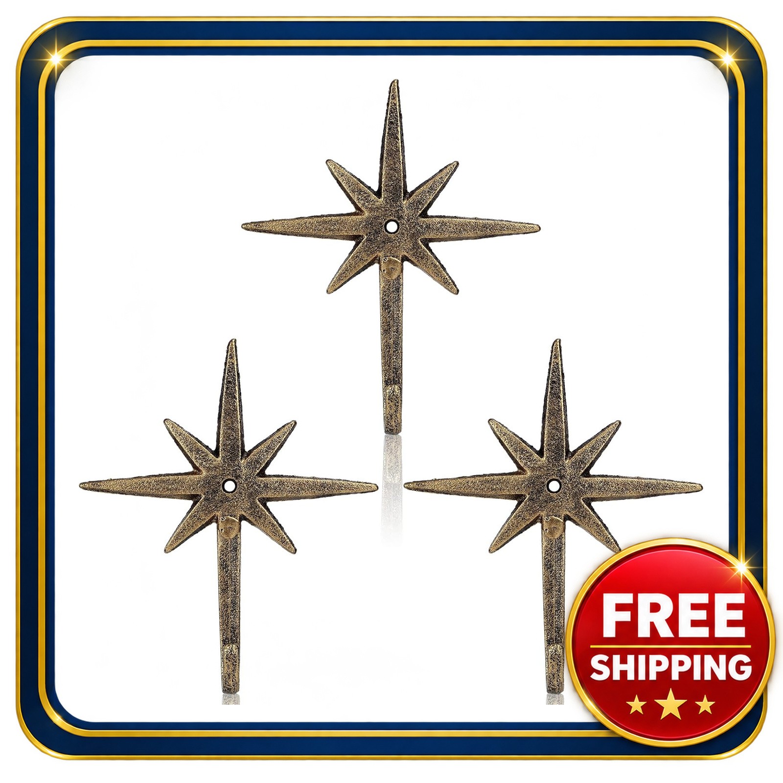cast iron wall hooks 8 pointed starburst vintage gold 3 pack