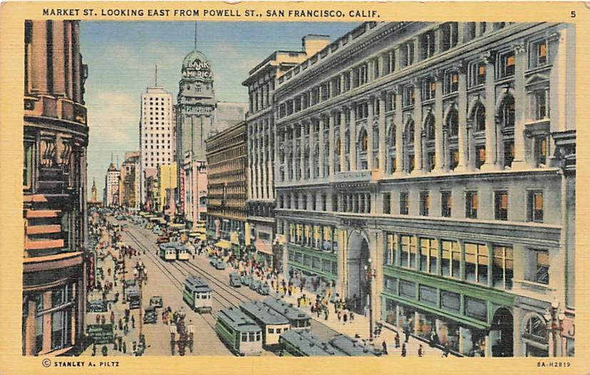 Postcard CA: Market St Looking East from Powell St, San Francisco, Linen
