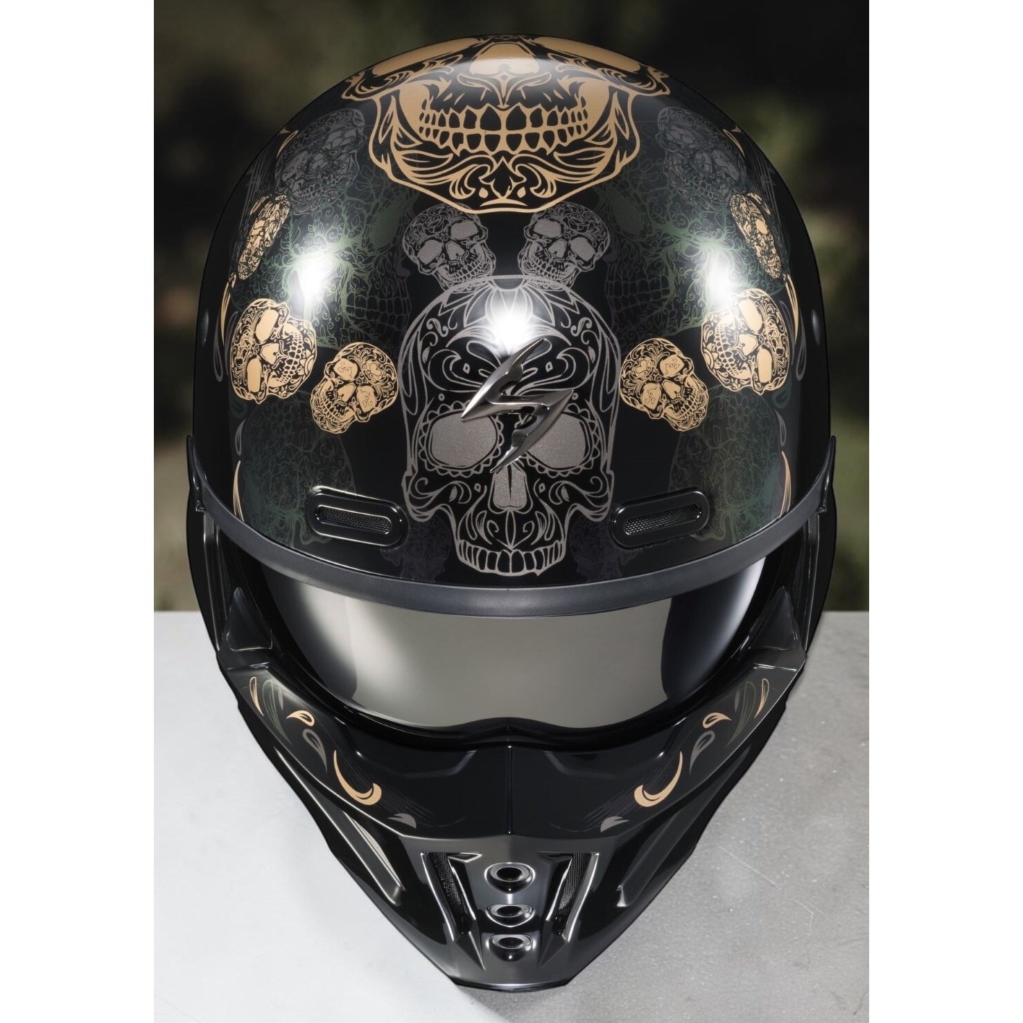 Scorpion EXO Covert X Kalavera Helmet Gold Skull Skeleton Graphic Matte Black