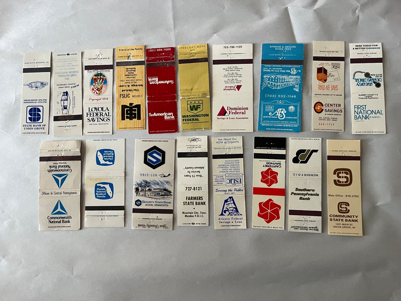 Lot of 18 VINTAGE Matchbooks Financial & Banks 1950s, 1960s, 1970s, 1980s Covers