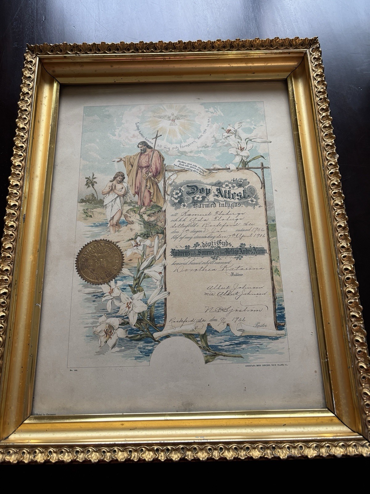 Antique 1906 Swedish Dop-Attest Baptism Certificate Augustana Book Concern IL