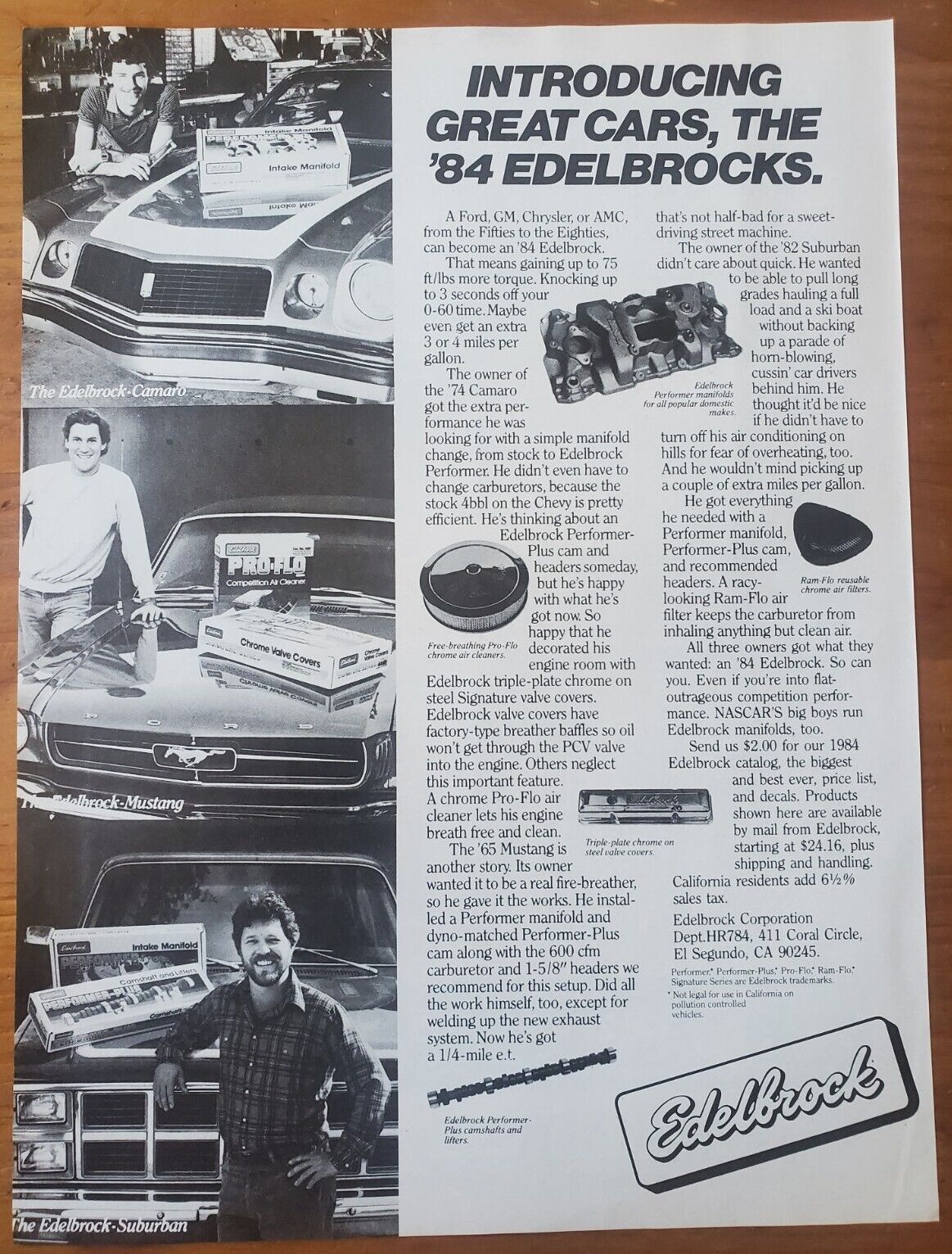 1984 Edelbrock Vintage Print Ad, Camaro Mustang Suburban Car Parts Intake Chrome