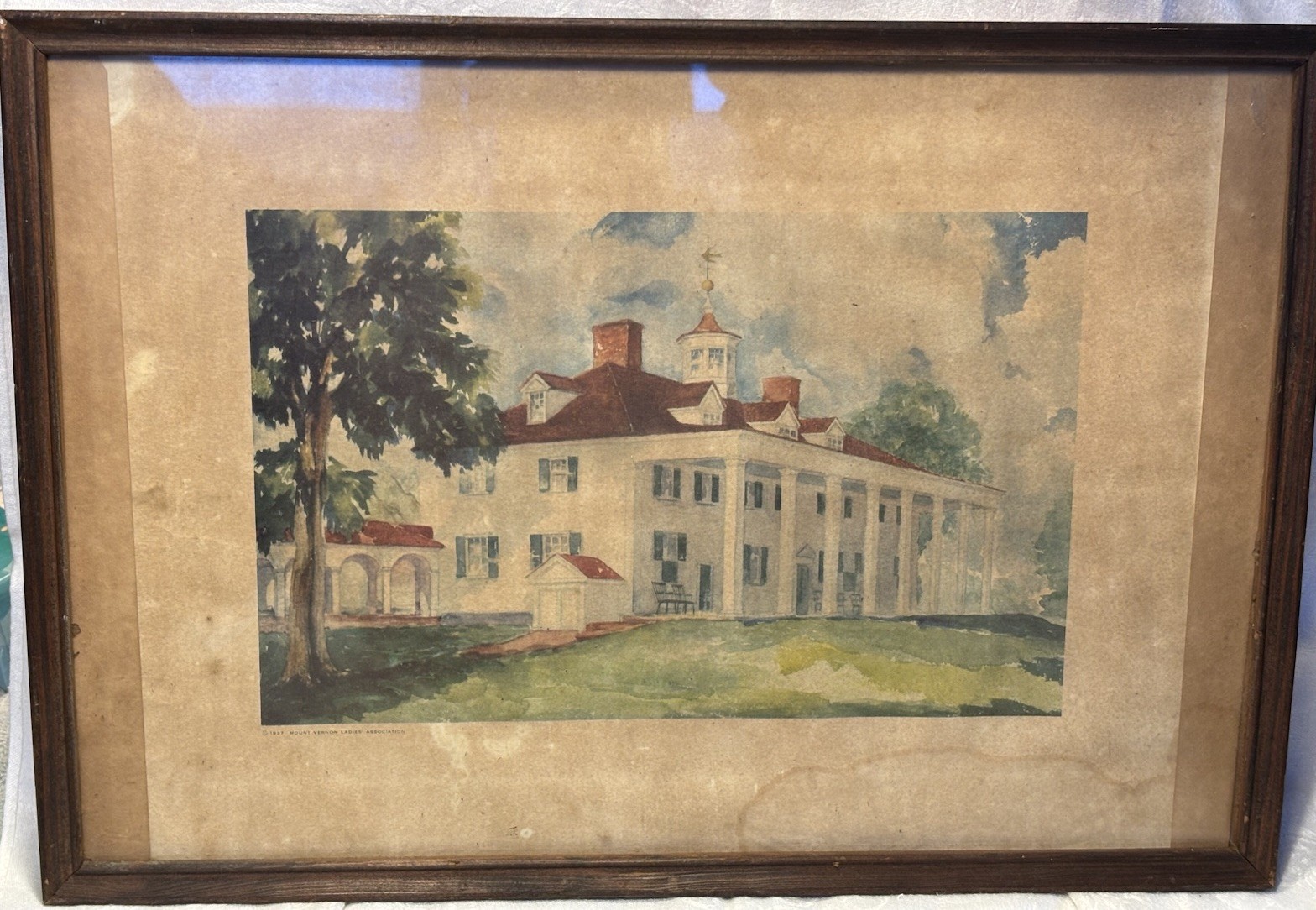 Antique 1937 Mount Vernon Ladies Association print, framed, watercolor-original