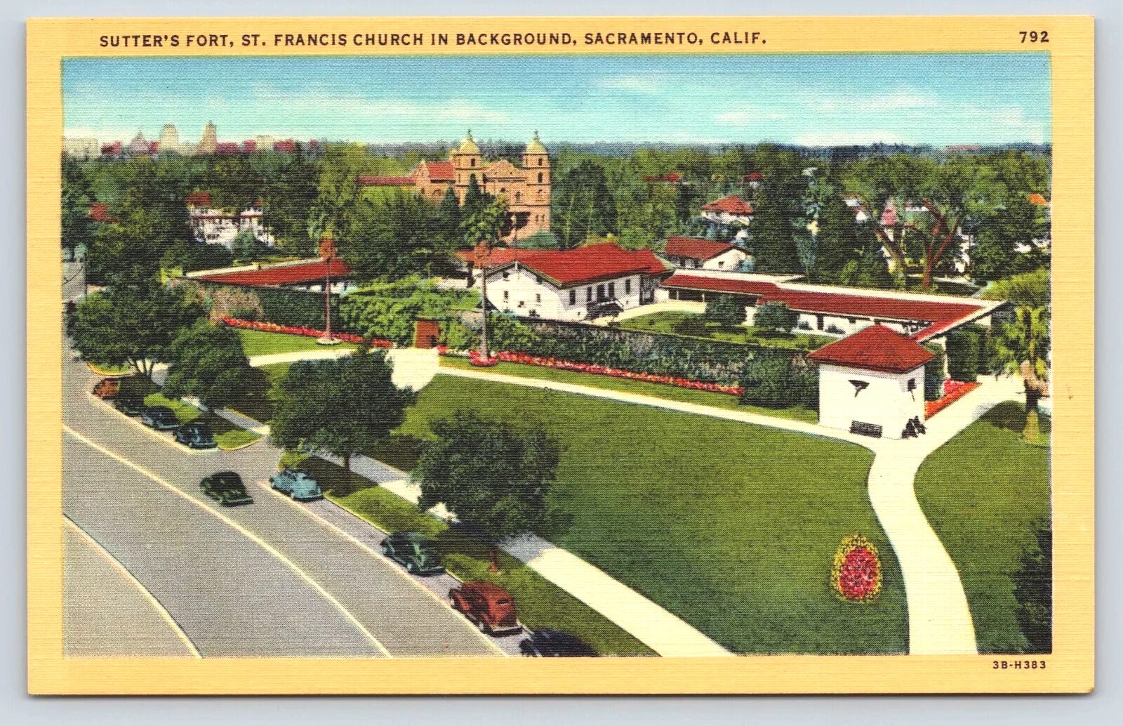 Sacramento CA Sutter\'s Fort Antique Cars St Francis Church Postcard Vtg A10