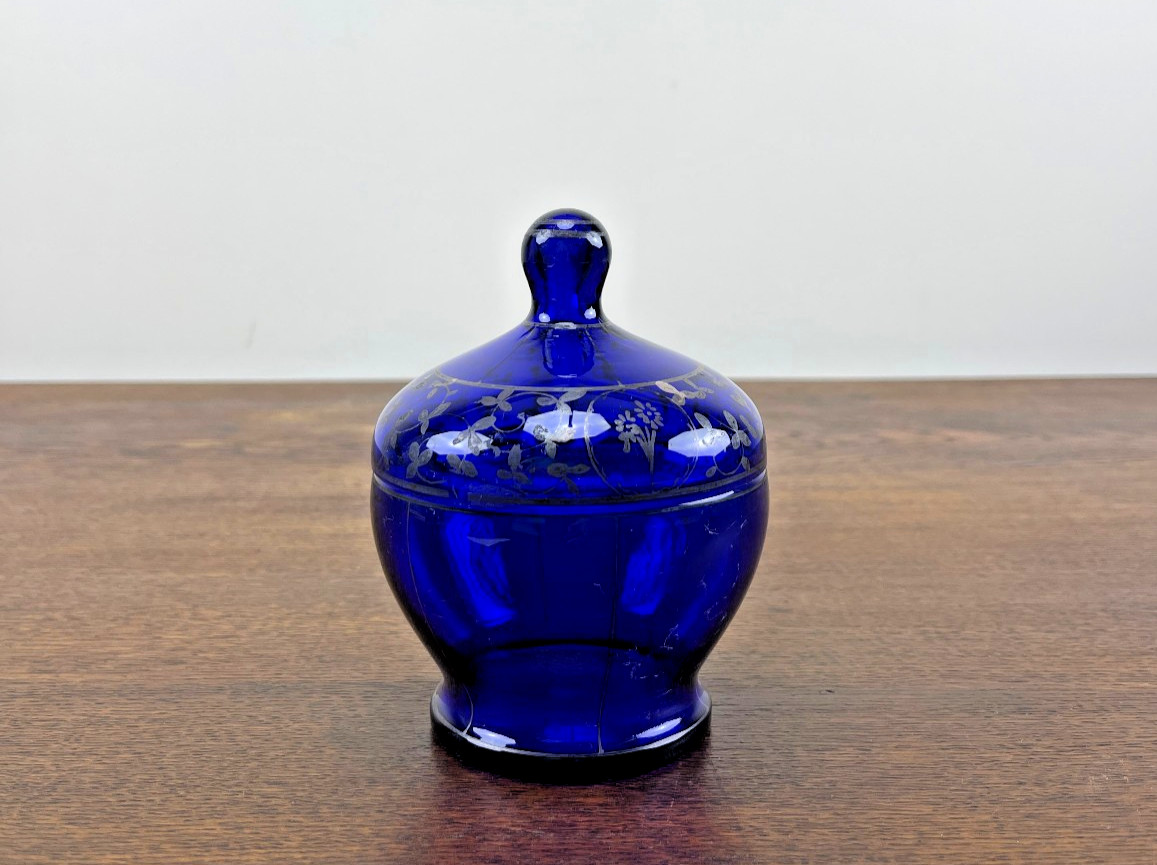 Antique Cobalt Blue Glass Covered Jar Silver Overlay Floral 5\