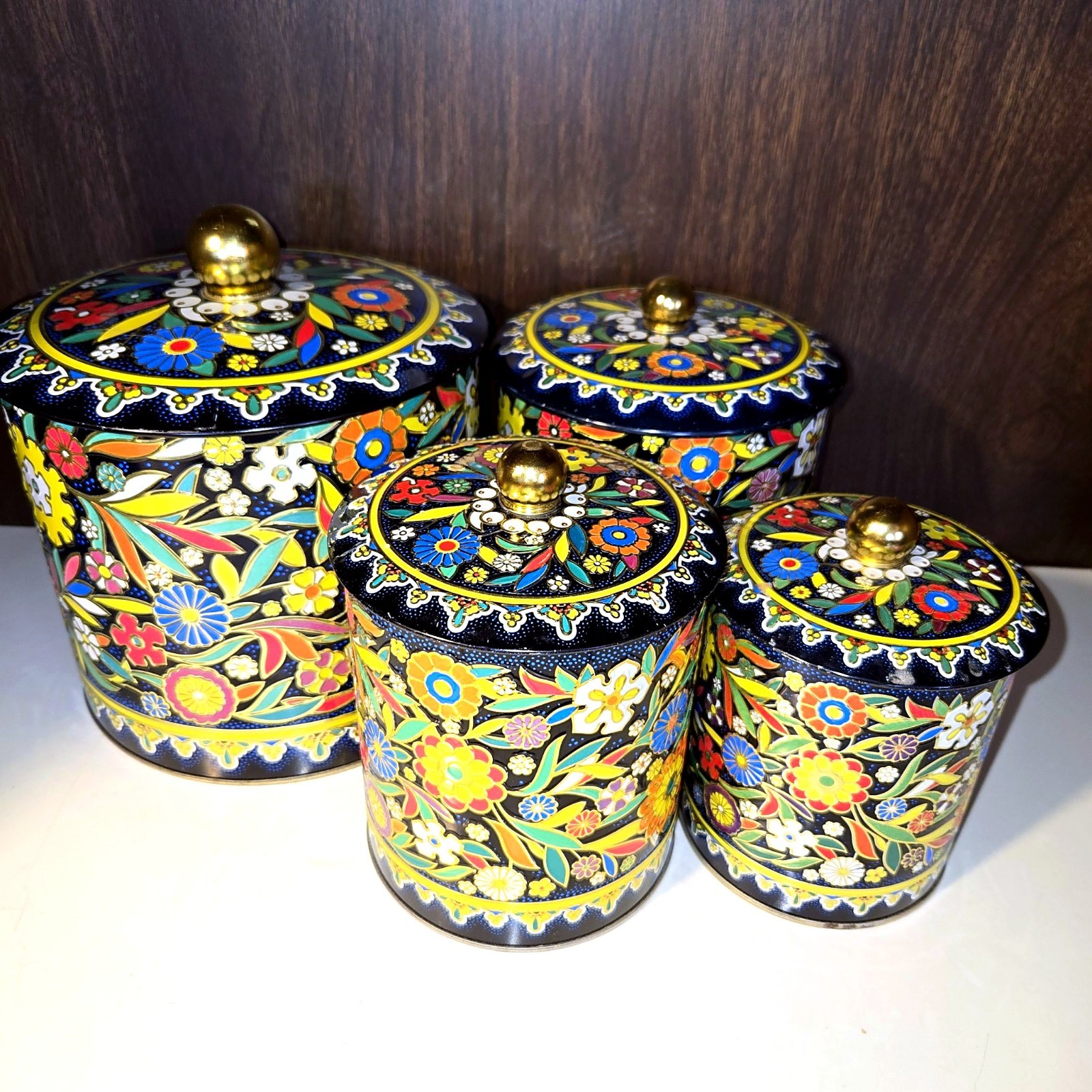 Vintage Daher 4-Pc Nested Tin Canister Set Black Floral Chintz England 1960s-70s
