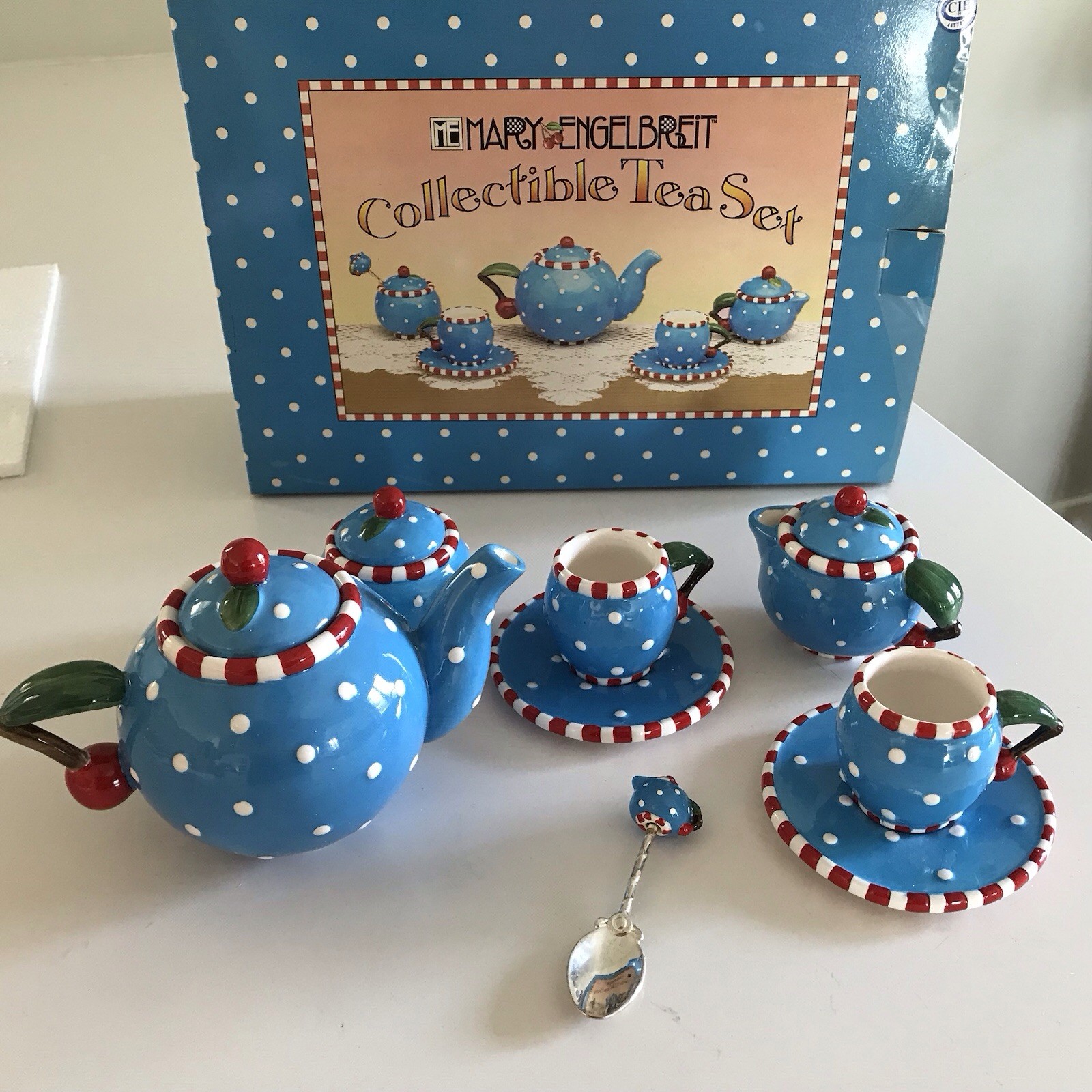 Mary Engelbreit Vintage Tea Set Hand Painted Ceramic New In Box Complete