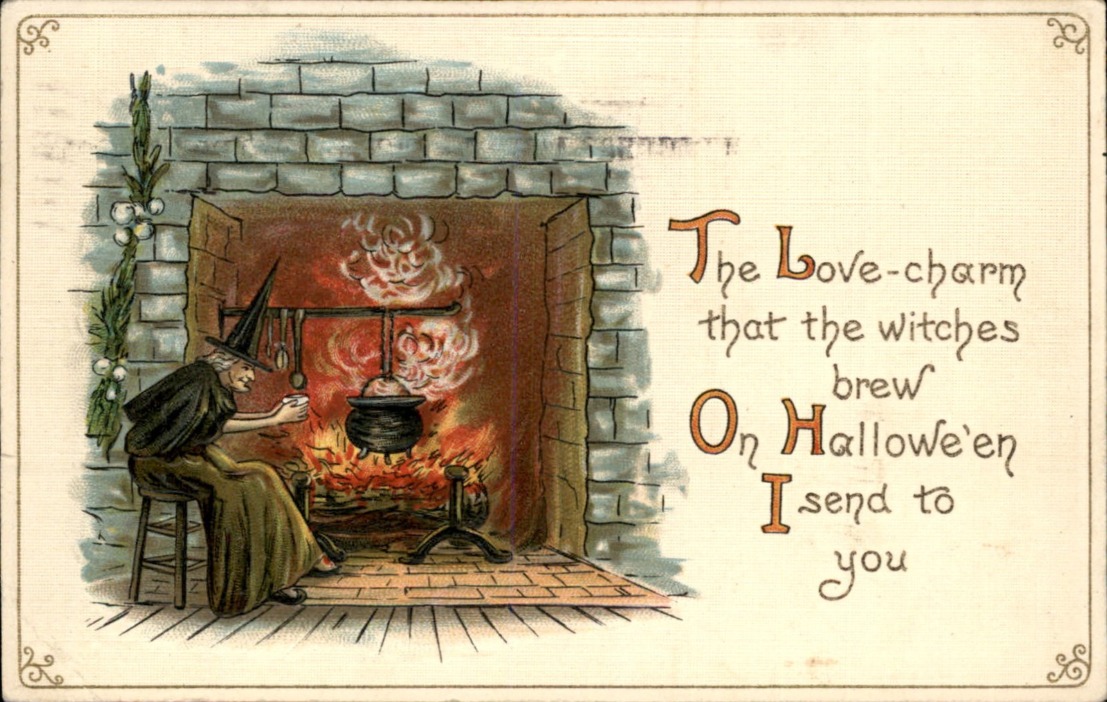 Halloween Witch by Fireplace L.&E. 7027 SUPER RARE Vintage Postcard bhn