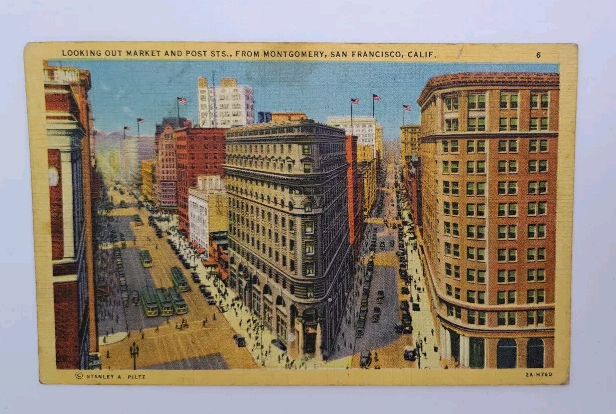 Postcard CA Looking Out Market & Post Sts Montgomery San Francisco, California