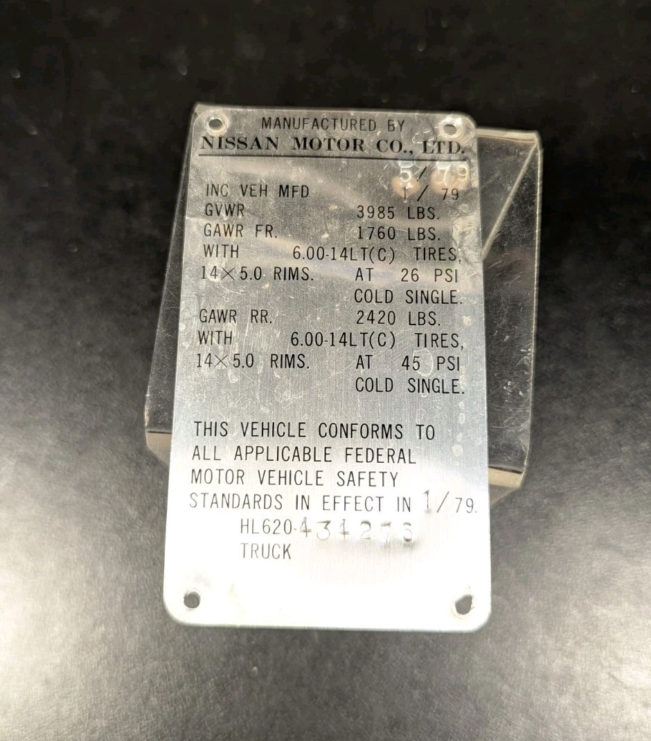 1979 Datsun Nissan Pickup Truck 620 Identification Metal Plaque