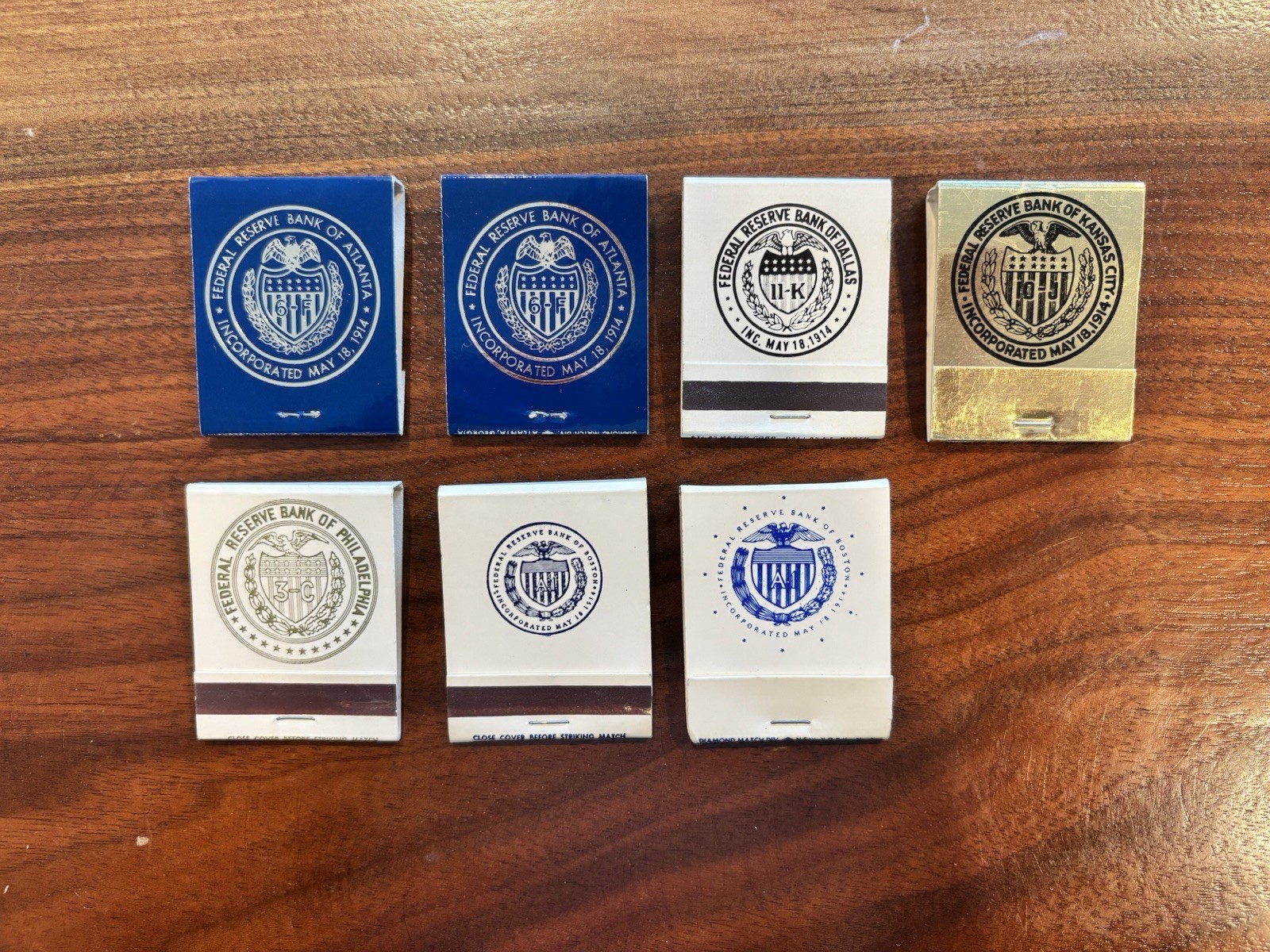 Vintage Federal Reserve Bank Matchbook Lot of 7 – Boston Atlanta Dallas KC Phila