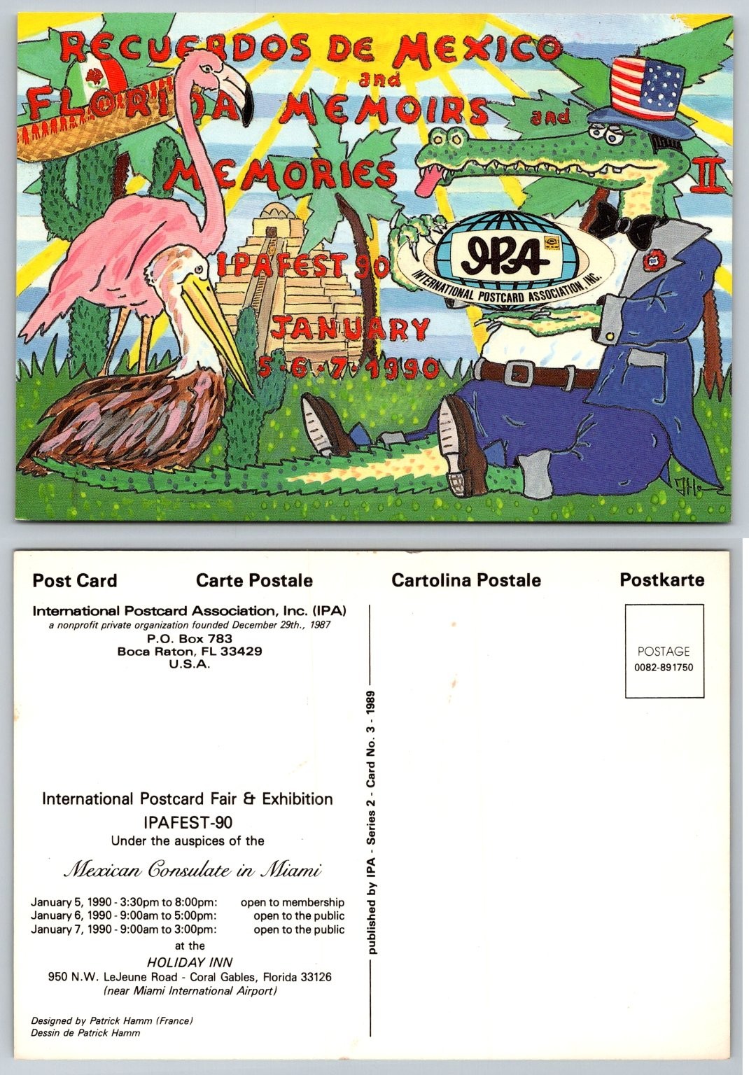 IPAFEST 90 Postcard Fair Florida Mexico Alligator Flamingo 1990 Patrick Hamm