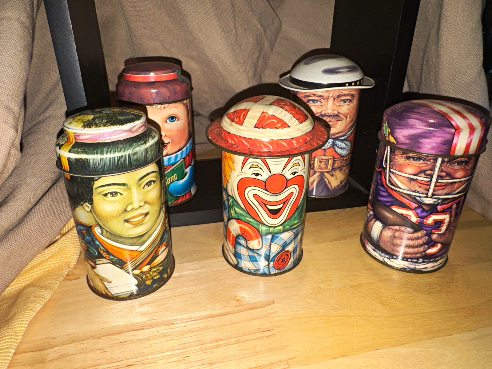Cap-Tins Lot of 6 Vintage Figural Tin Canisters w/ Lids,