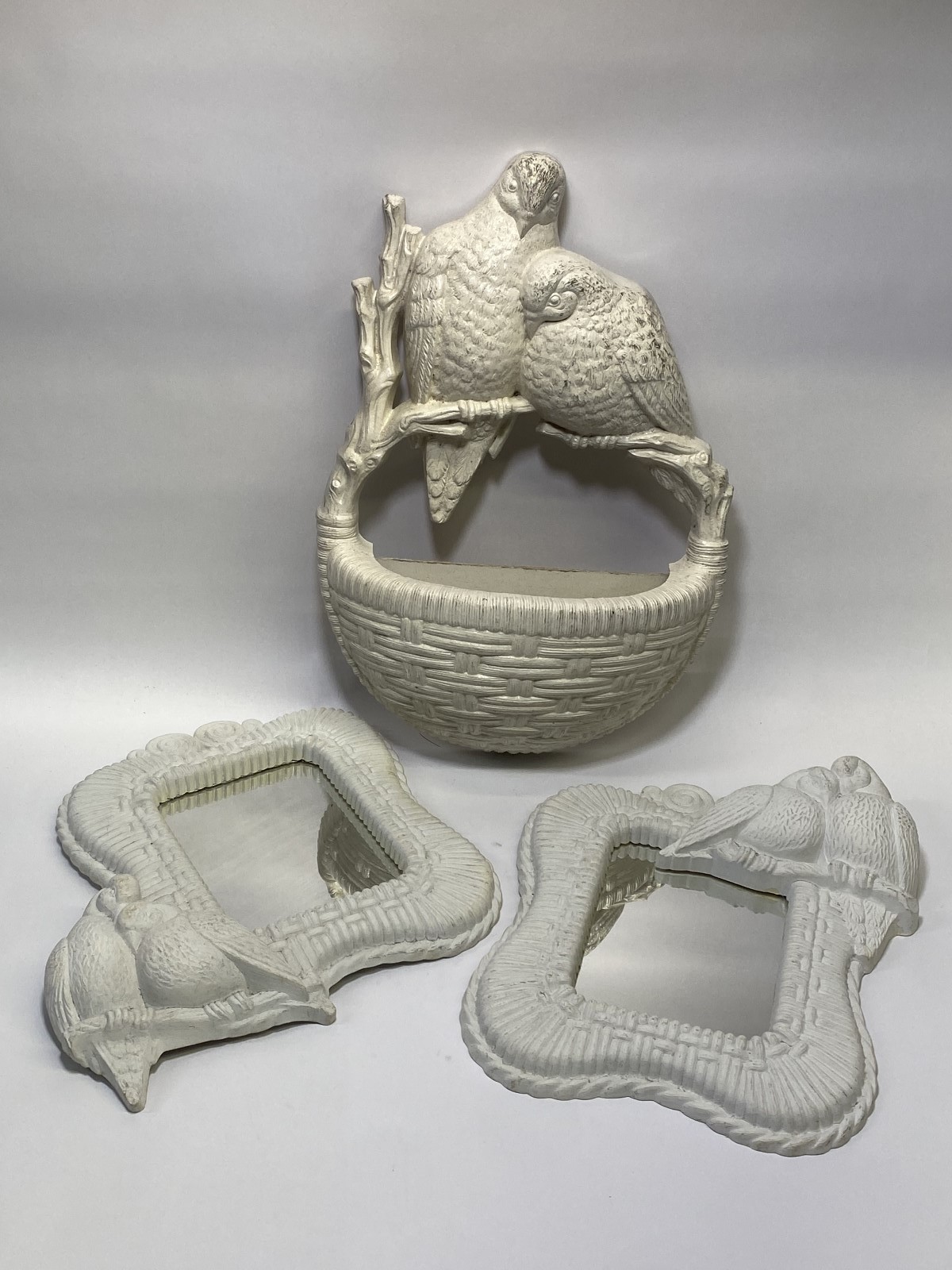 Vintage Burwood Love Birds Wall Pocket Planter With 2 Mirrors Cream Wicker Look