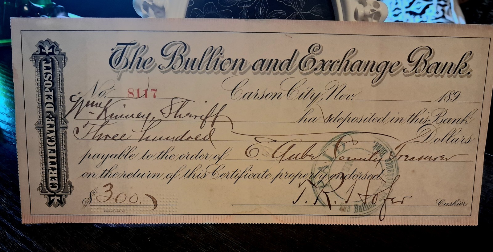 1890s Bullion & Exchange Bank $300 COD-  County Shf Wm. Kinney/Treasurer Ed Rube