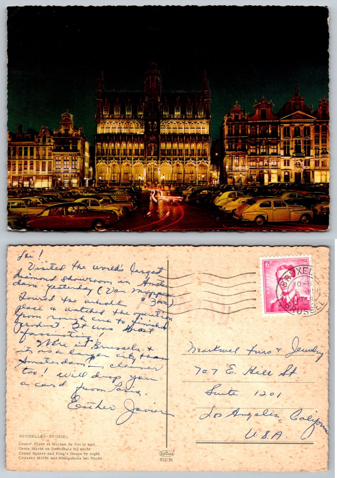 1973 Brussels Grand Place Night View Postcard Belgium Vintage Cars