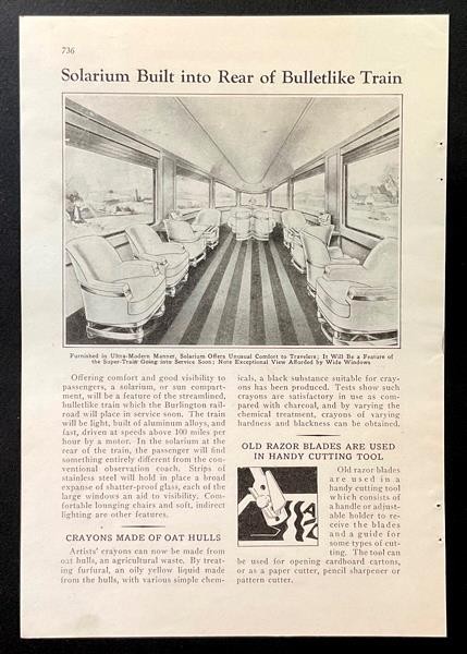 Burlington Zephyr 1933 pictorial “Solarium Built into Rear of Bulletlike Train”