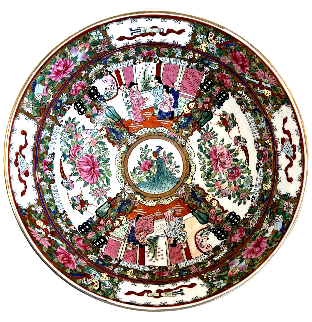 Vintage Large Chinese Rose Medallion Centerpiece Bowl Qianlong Mark Famille Rose