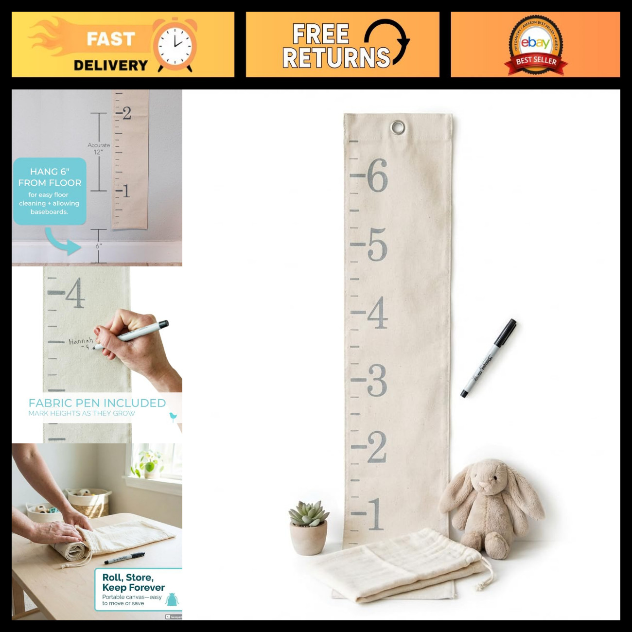 Growth Chart for Wall - Canvas Fabric Natural Color - Big Brother Big Sister Gif