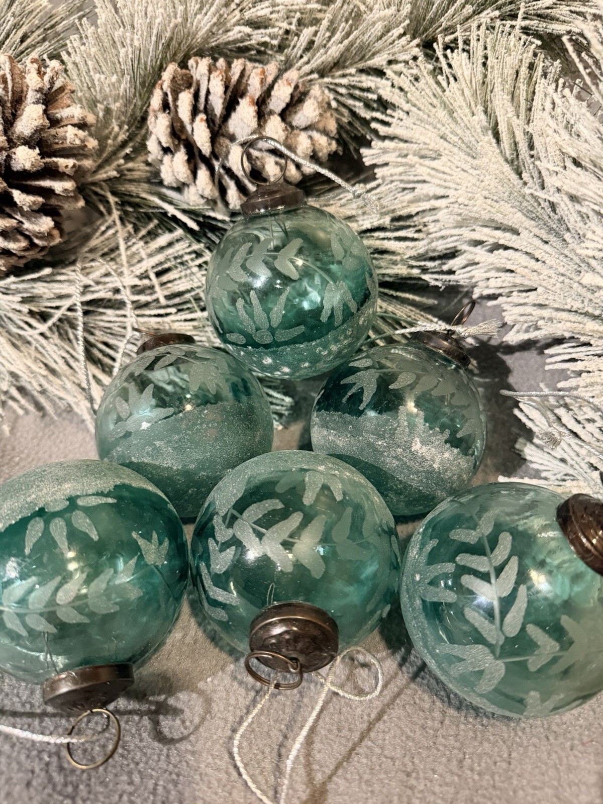 Set of 6 Etched Teal Mercury Glass Christmas Ornaments 3” Vintage Style Kugel