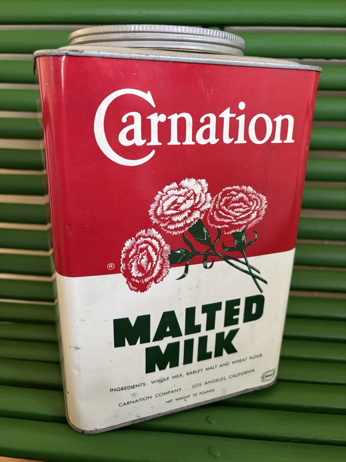 Beautiful Vintage Carnation Malted Milk 10 LB Storage Container Tin
