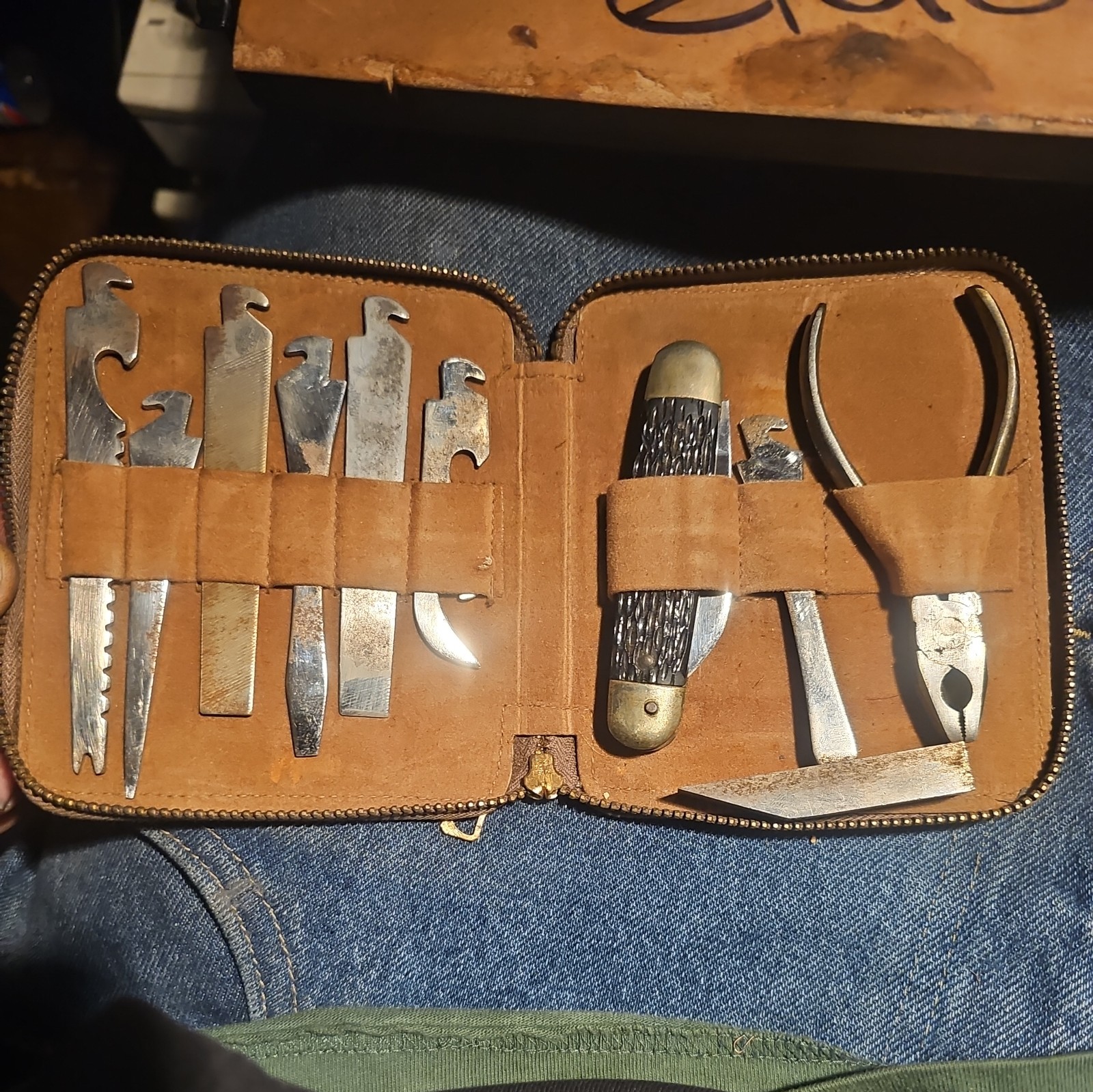 Antique Pocket Tool Kit Set w Leather Pouch Complete Knife Waldes Utica Kraeuter