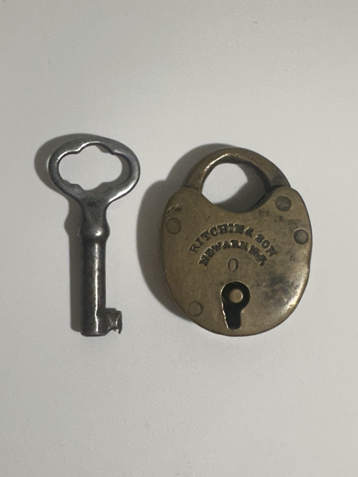 Civil War Era Antique Brass Padlock Ritchie & Son Newark NJ 1870-1895 w Key