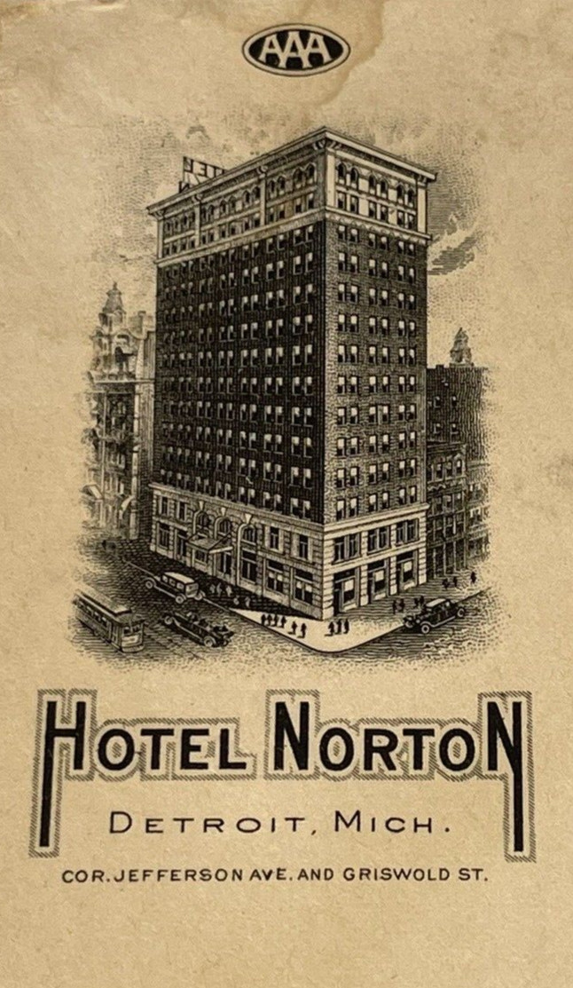 Hotel Norton, Detroit, Michigan Envelope AAA, 1935, Hotel Norton Palmer, Windsor