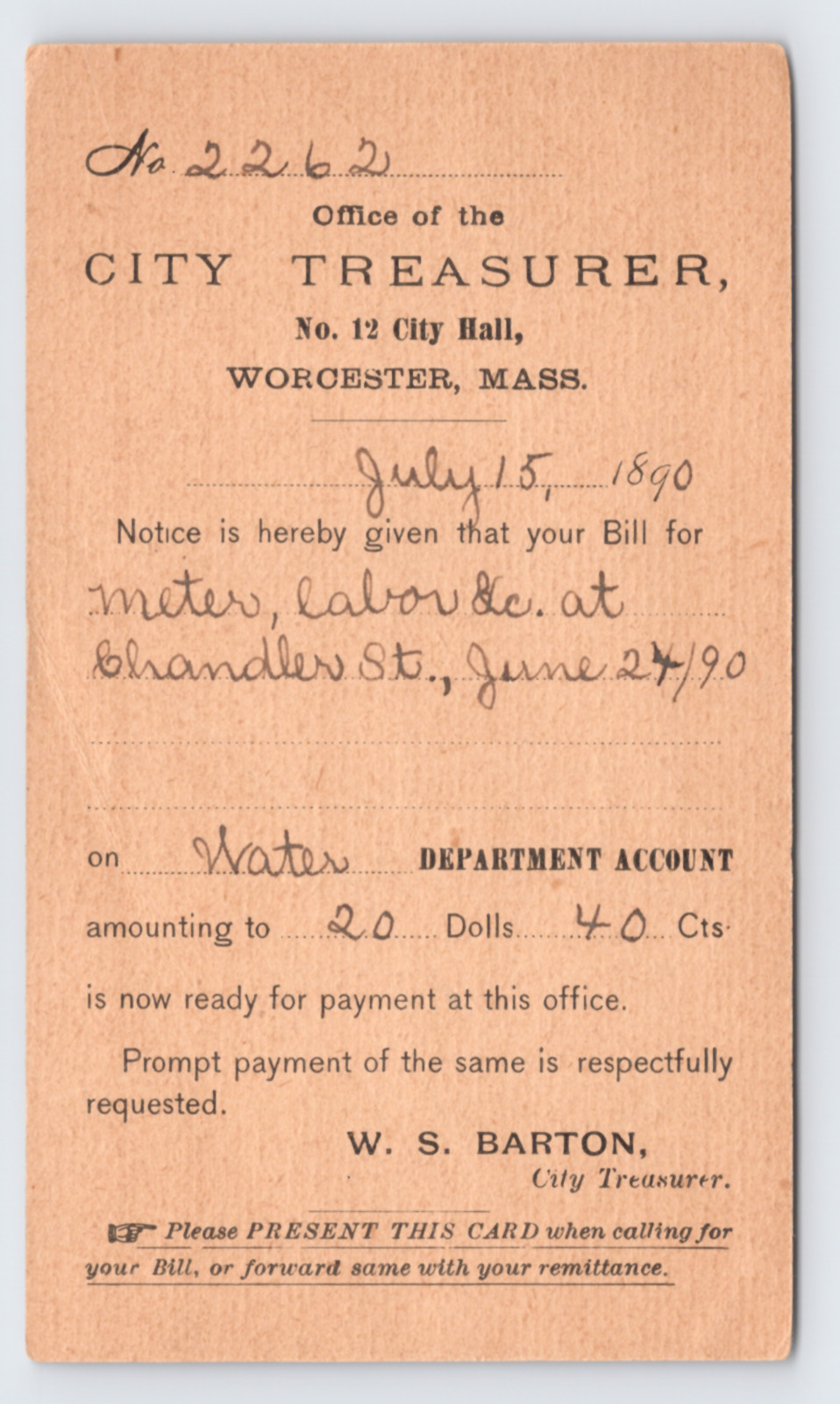 1890 Worcester MA City Treasurer Water Dept Bill Notice Postal Card W.S. Barton