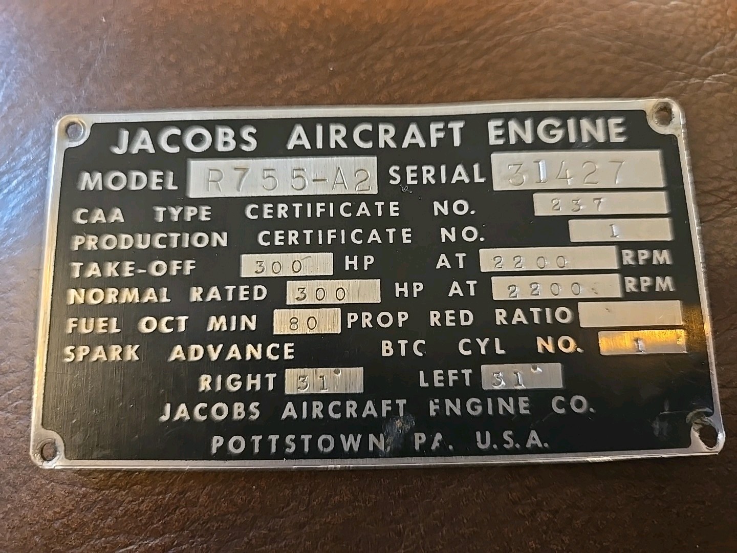 Jacobs Aircraft Engine Model R755-A2 Data Plate