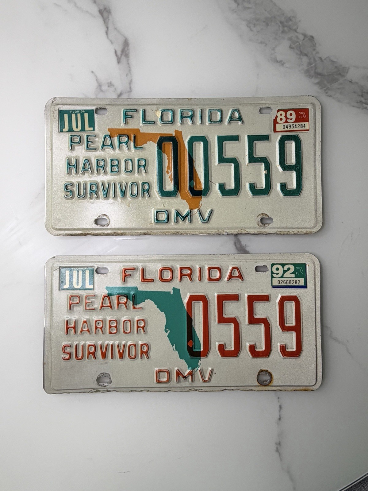 Vintage 1989, 1992 Florida Pearl Harbor Survivor License Plate