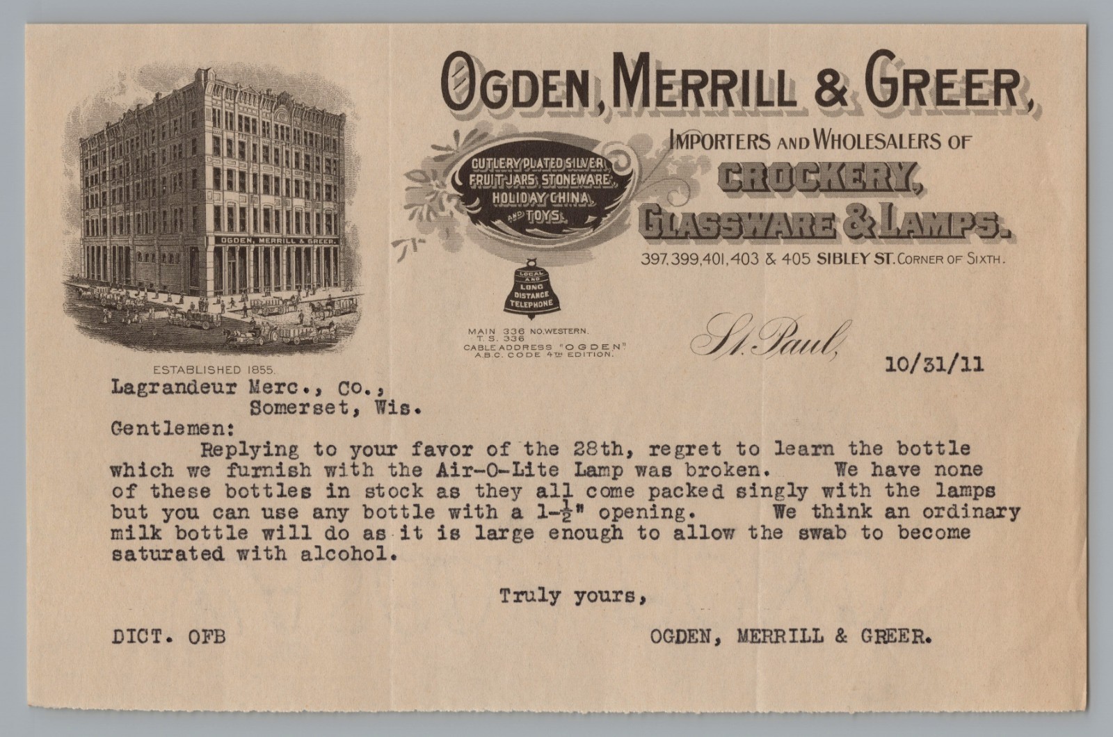 1911 Ogden Merrill Greer St Paul MN Sales Letter Air-O-Lite Lamp Ephemera