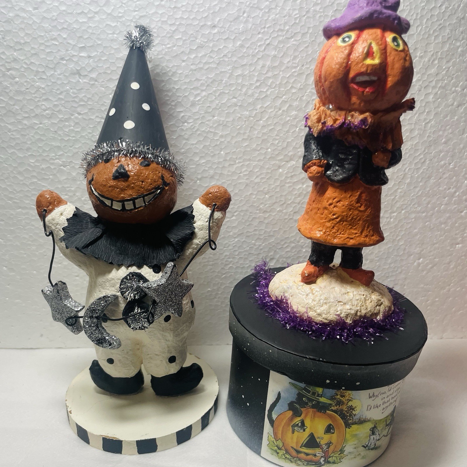 2 Bethany Lowe by Raz | Halloween Pumpkin Head Man on Round Box & Figurine