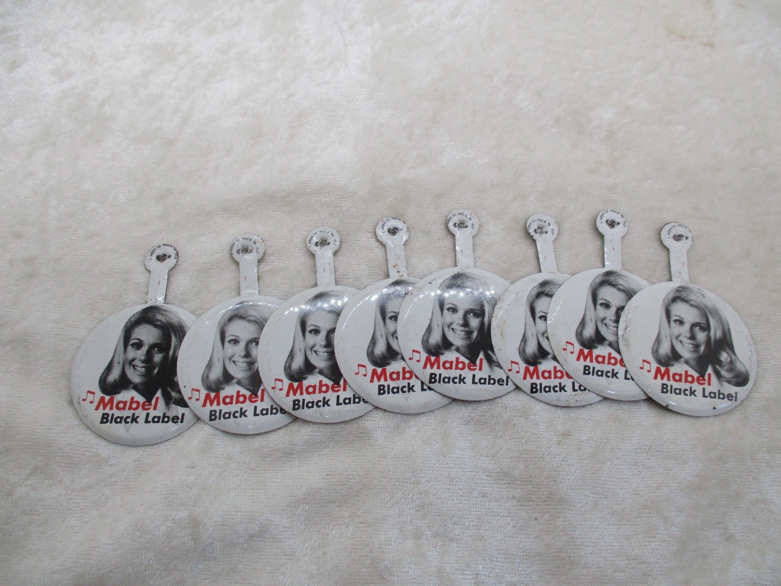 8 Vintage Mabel Black-Label Tin-Tab Buttons - New Old Stock