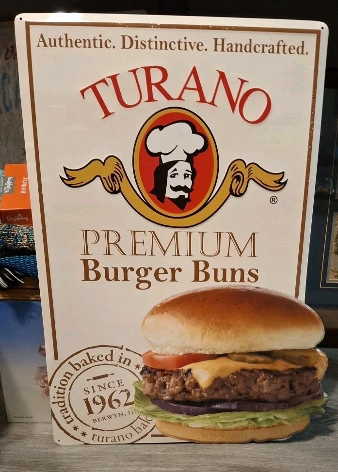 Turano Bread Hamburger Bun  Metal Advertising Sign  23.5” X 16.5” Good Condition