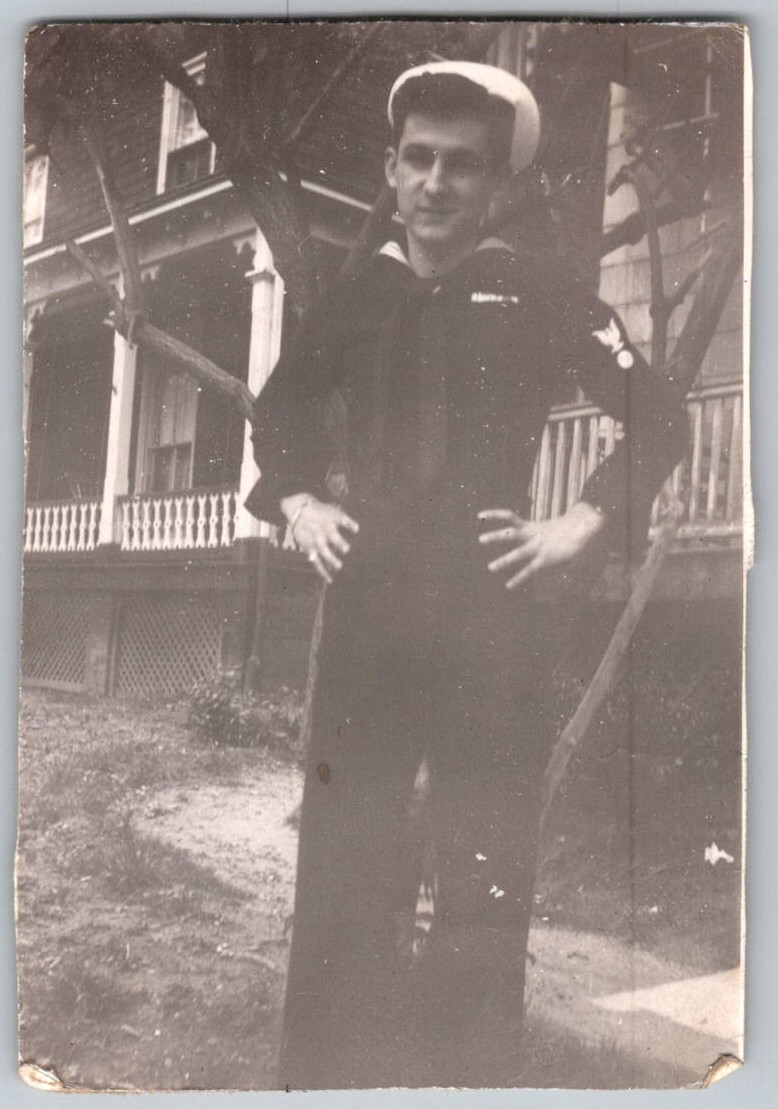 Vtg B&W Snapshot US Navy Sailor Crackerjack Uniform Dixie Cup Hat Porch Yard