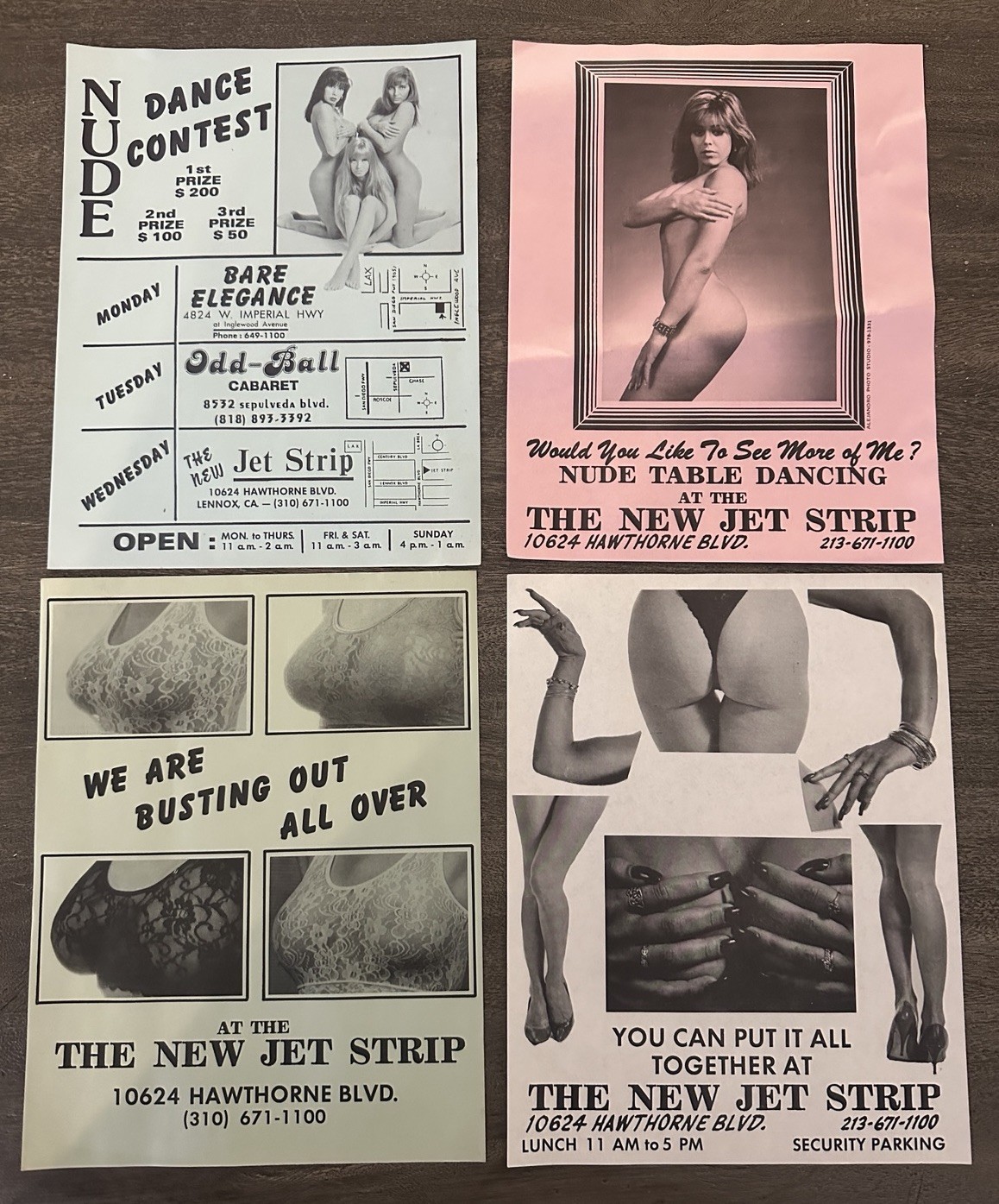 Lot 4 Vintage New Jet Strip Lennox CA Strip Club Promotional Advertising Flyers