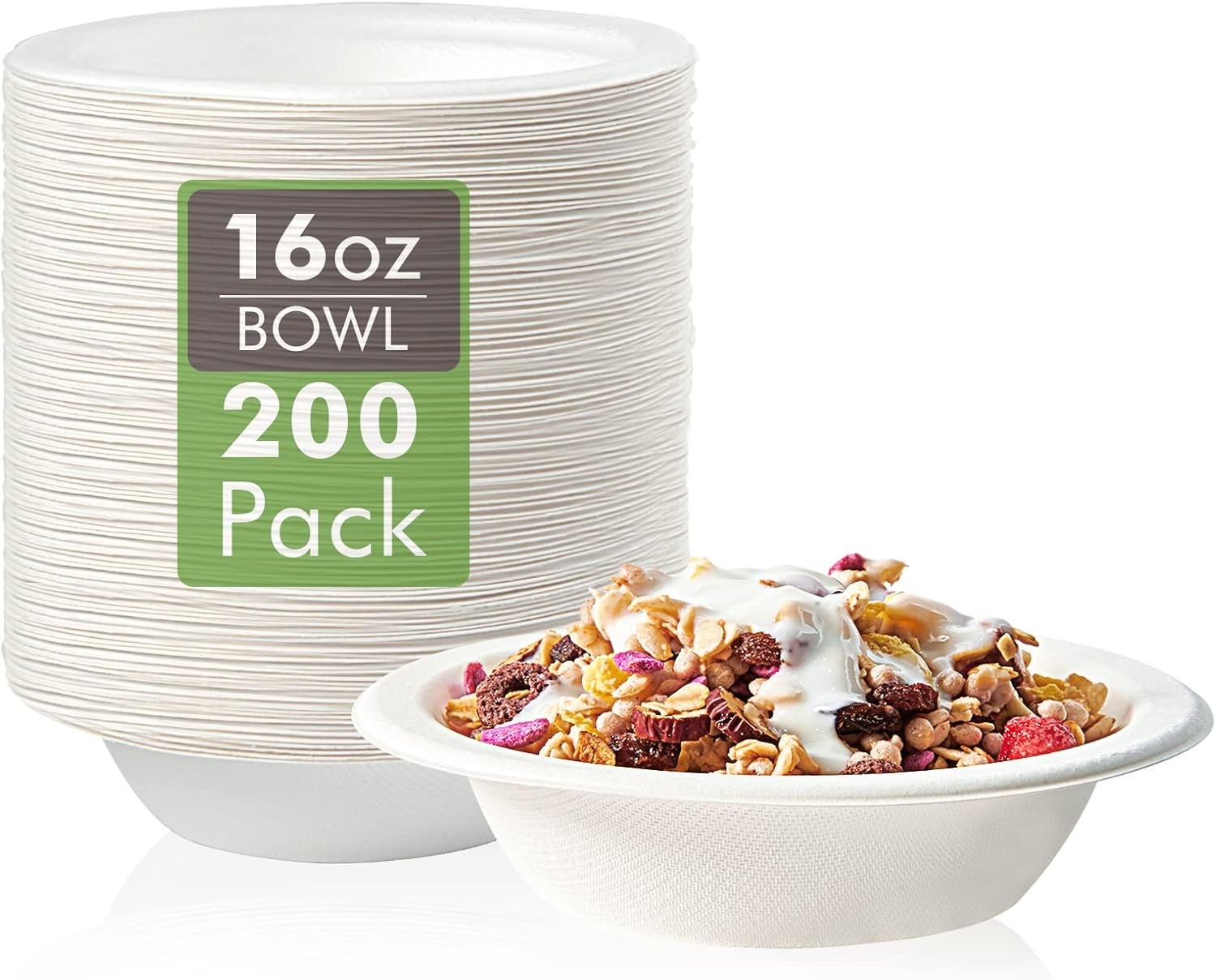 200 Pack 16 OZ Compostable Paper Bowls, Bagasse Bowls，White