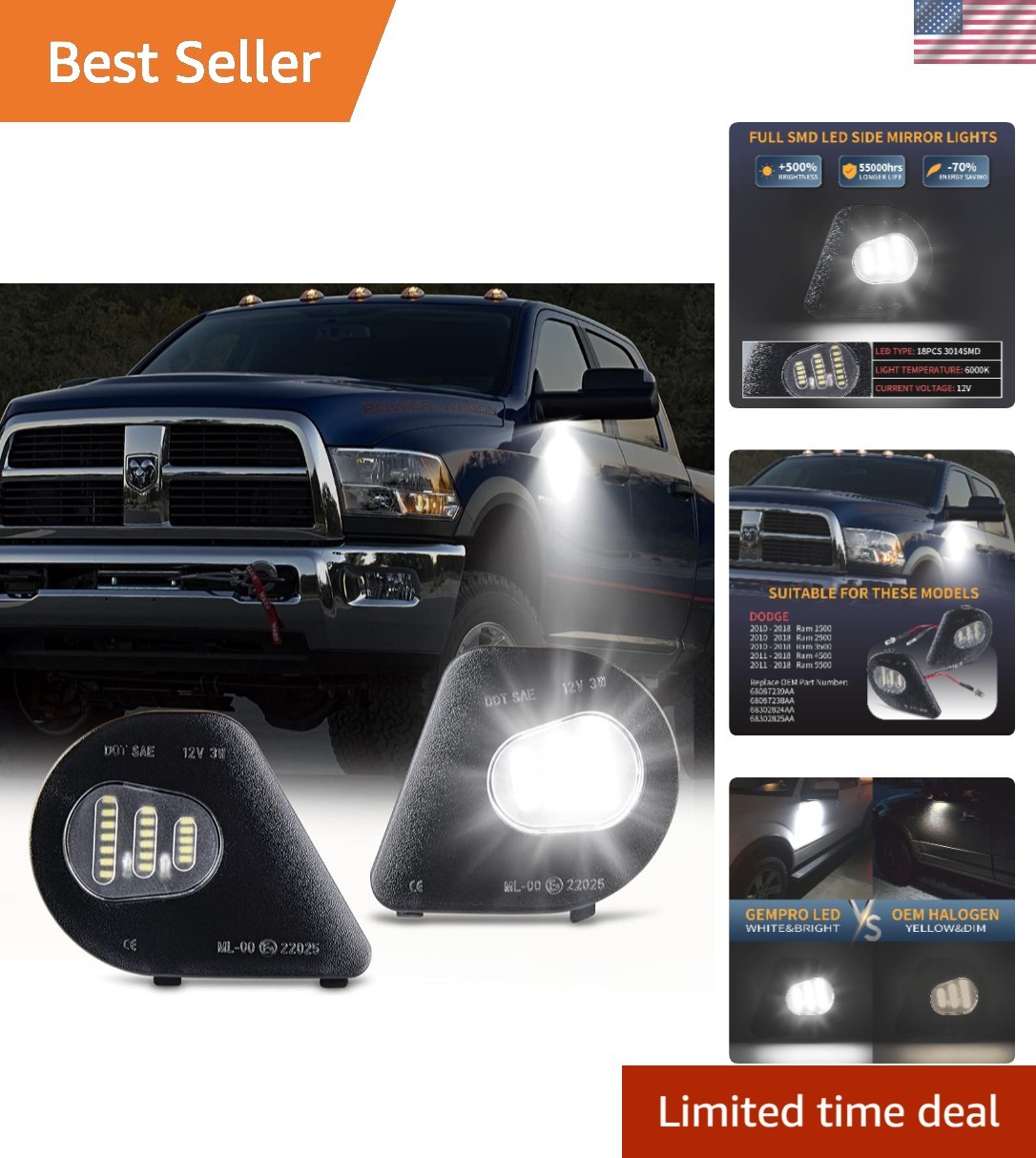 2Pcs LED Side Mirror Puddle Light Lamps Assembly for 2010-2019 Dodge Ram 1500...