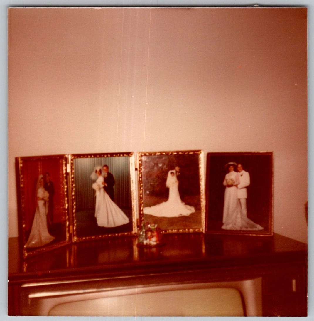Vtg Color Snapshot Wedding Displayed Framed On Console TV Decor 1970s