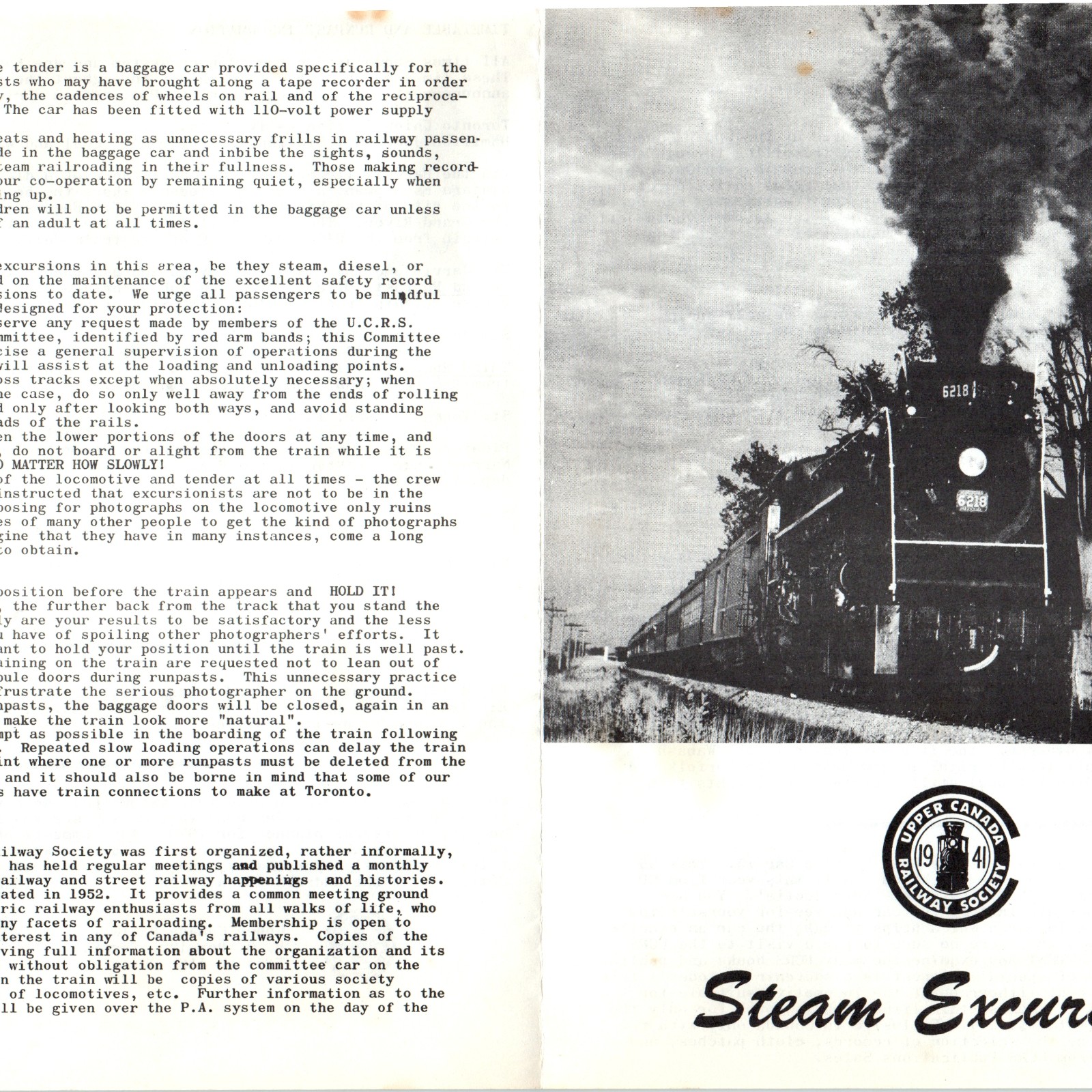 1969 Upper Canada Railway Society Steam Excursion CN 6218 Timetable Toronto Ont