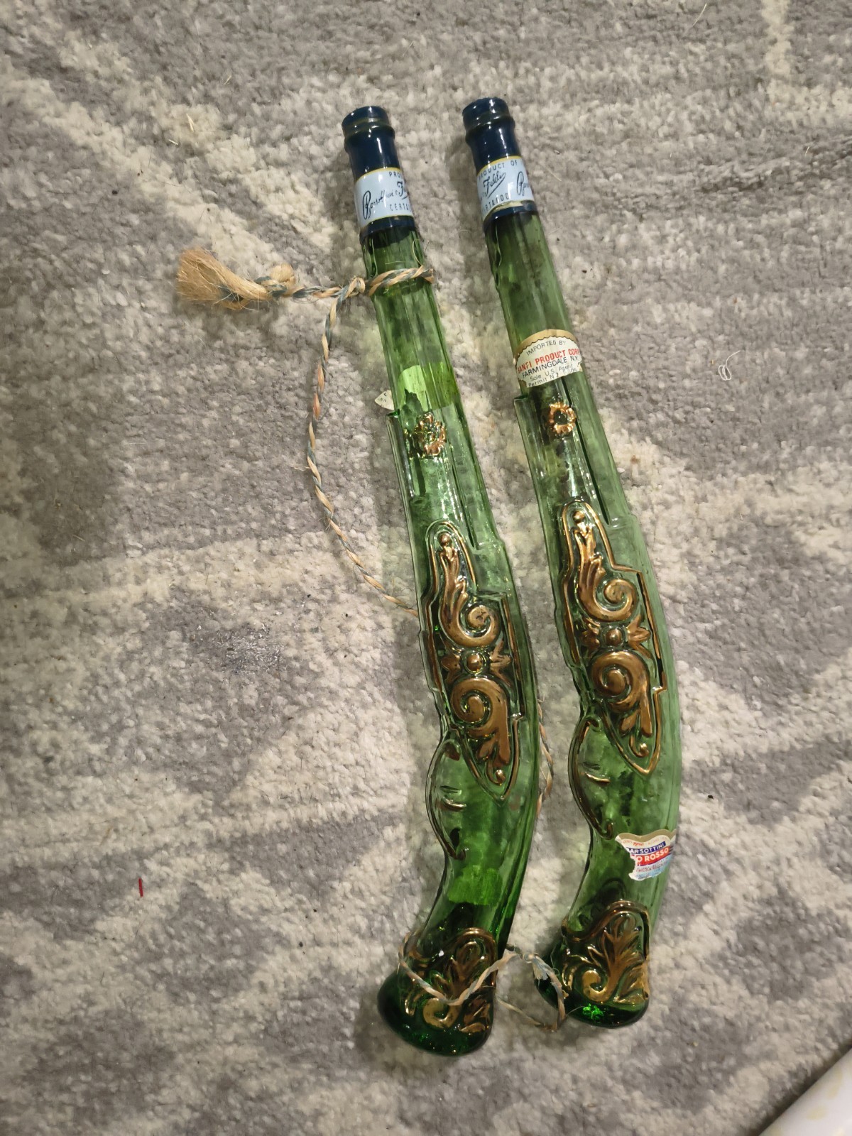 Pair Vintage Barsottini Vino Rosso Rifle Musket Glass Wine Bottles Italy Gold