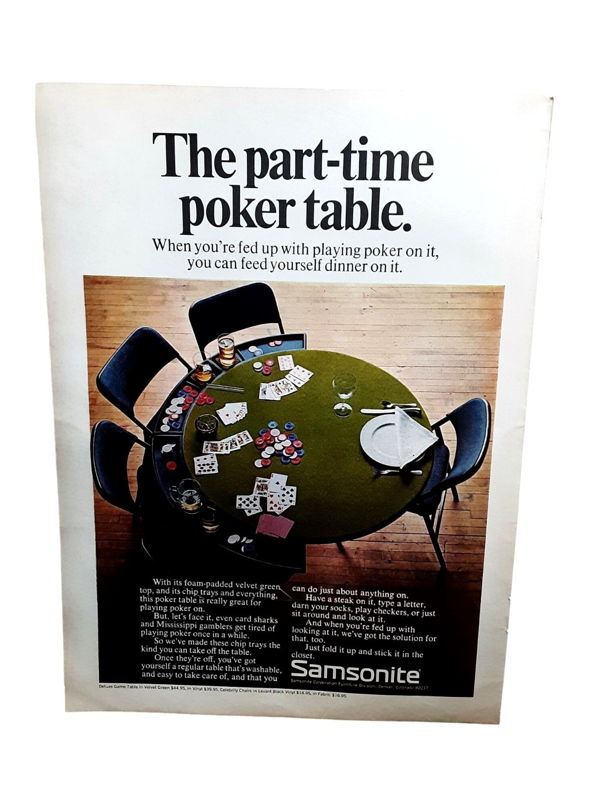 1970 Samsonite Poker Table Vintage Magazine Print Ad Game Room