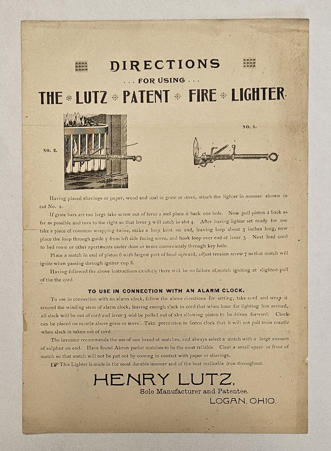 1890s Henry Lutz Patent Fire Lighter Broadside Logan Ohio Alarm Clock