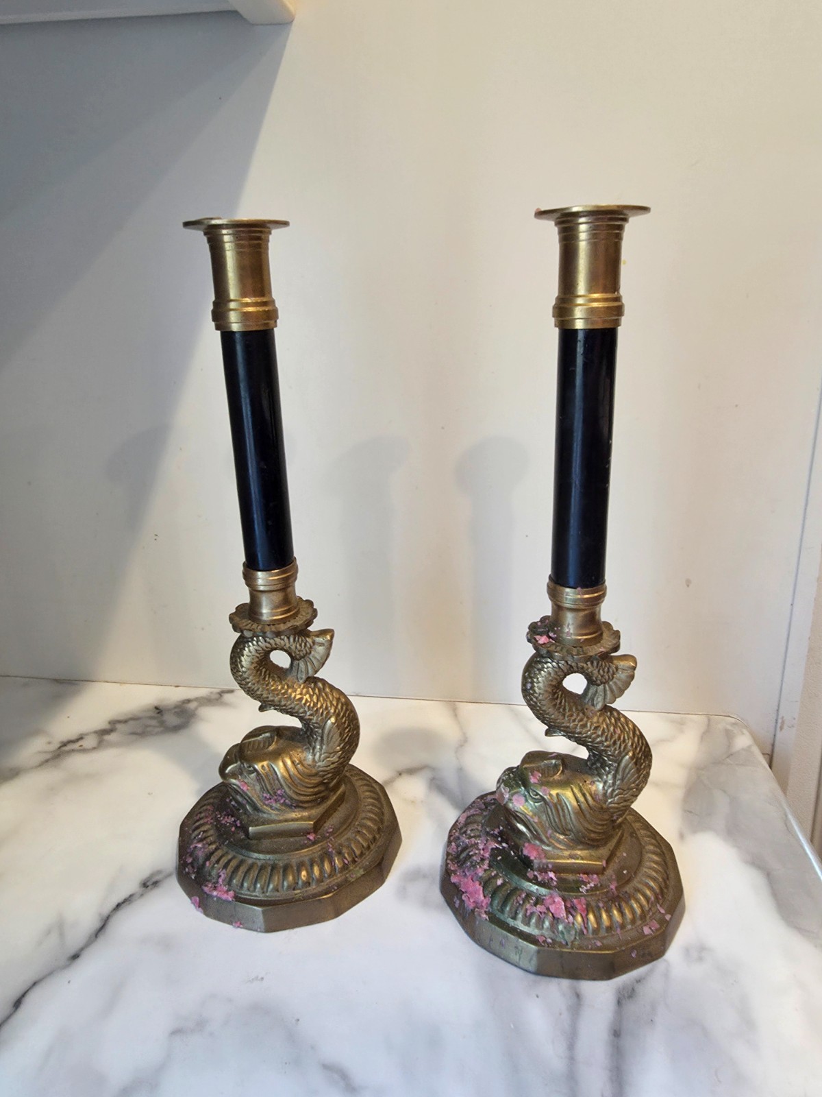 Pair of Dolphin Brass Candleholders Korea Vintage